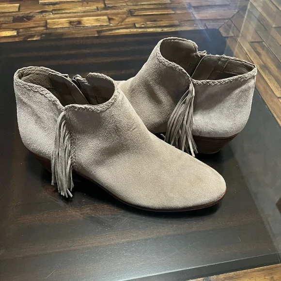 Sam Edelman Paige Fringe Gray Leather Suede Ankle Booties Size 8.5 - Picture 1 of 11